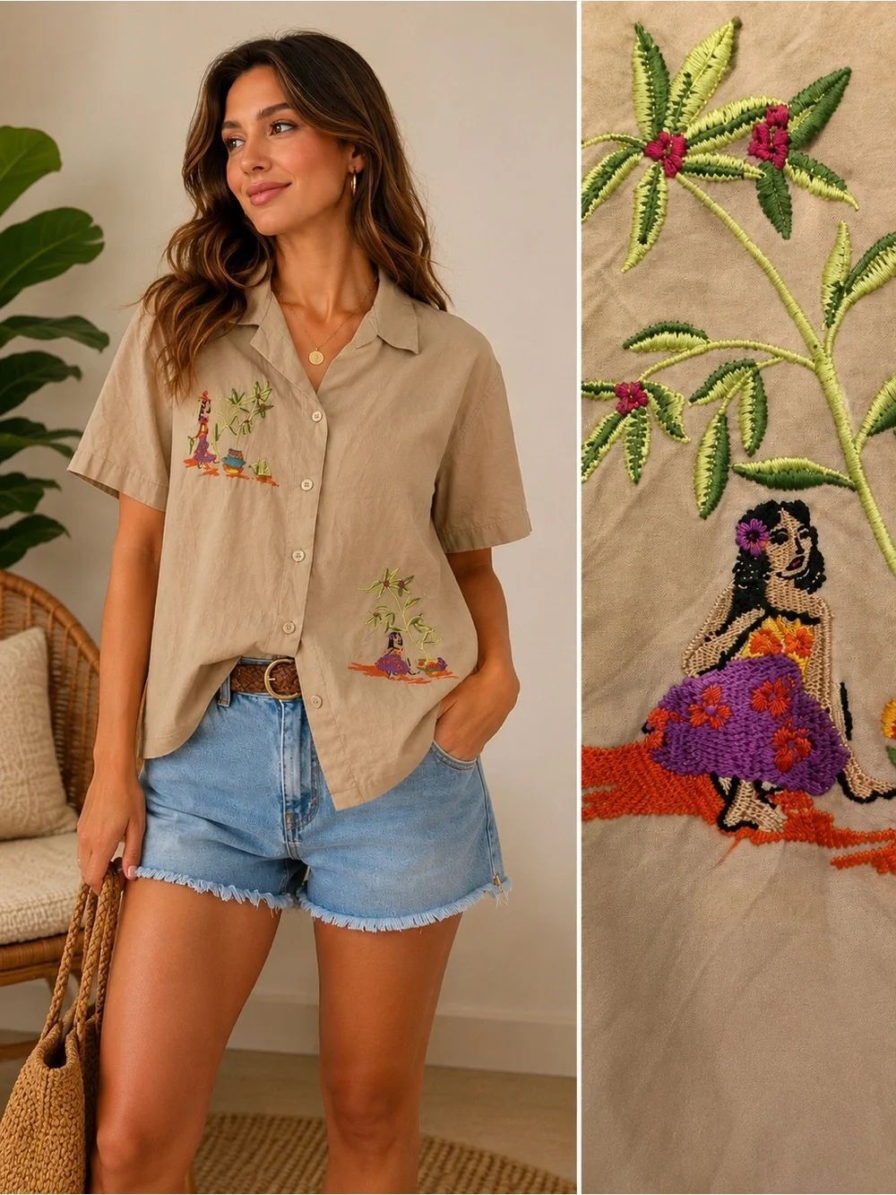 White Stag Vintage Hawaiian Embroidered Shirt Khaki Tan Hula Girl Button Up L